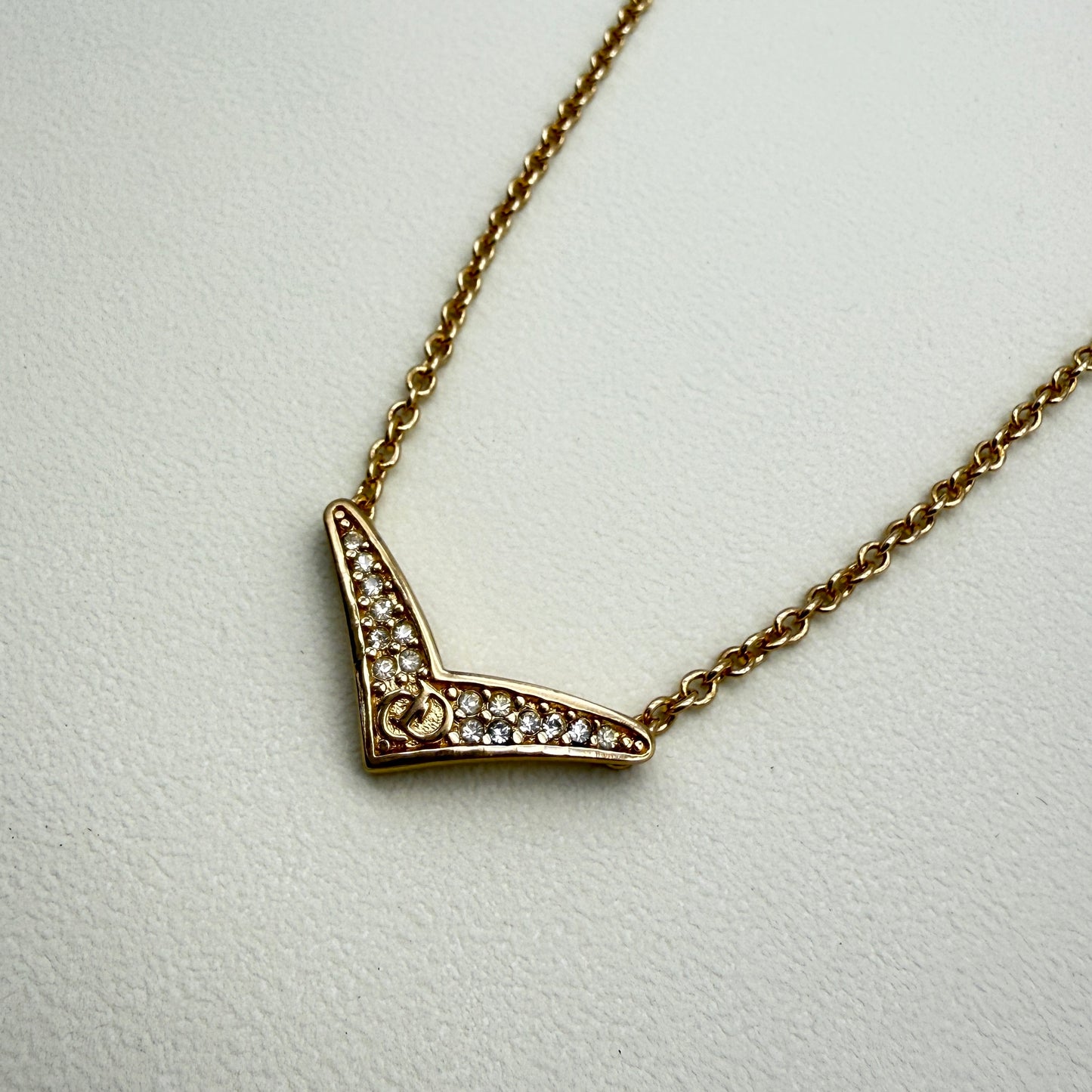 Christian Dior Vintage CD Logo in V Shape with Rhinestone Golden Necklace