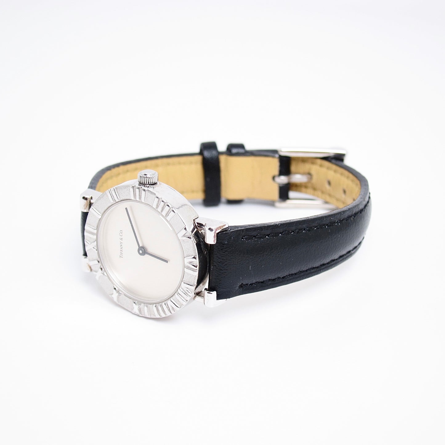 Tiffany Vintage Atlas Round Dial 925 Sterling Silver and Black Leather Strap Quartz Watch