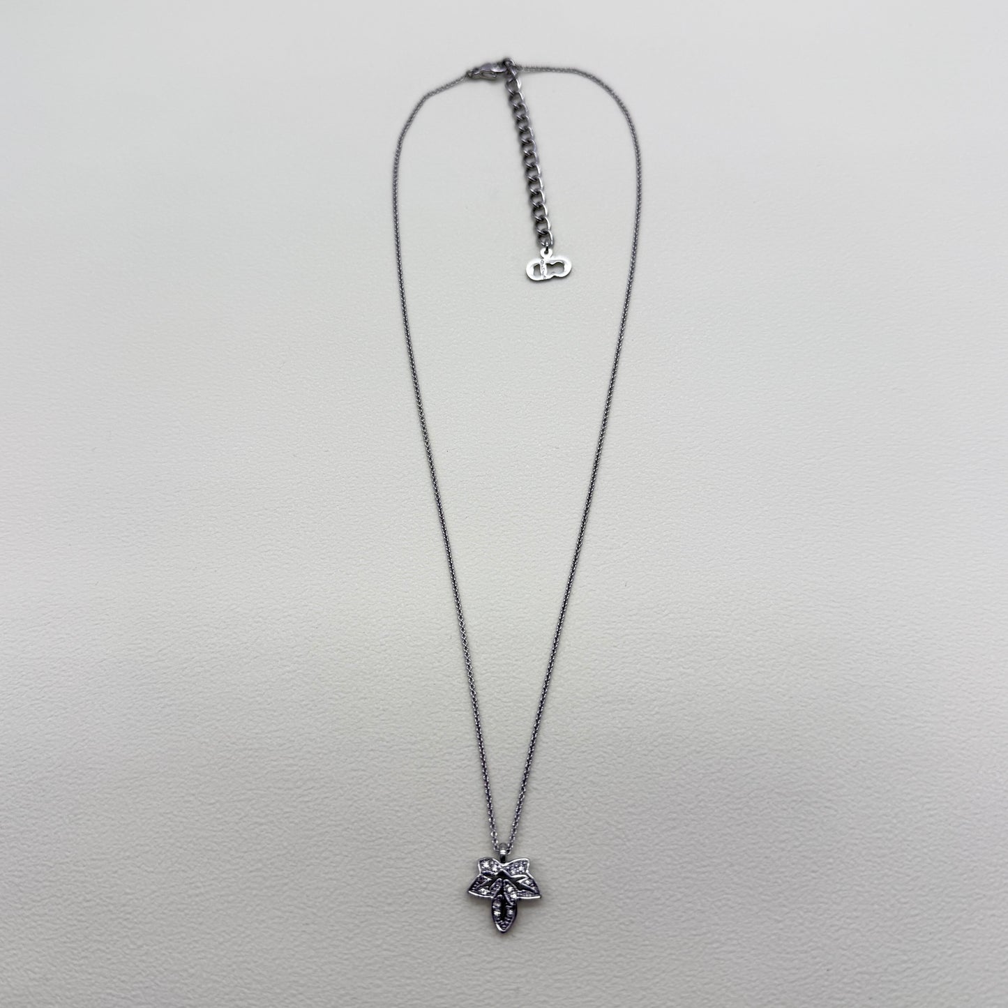 Christian Dior Vintage Leaf Rhinestone Pendant with Sliver Necklace