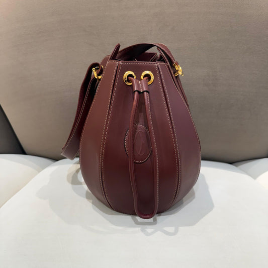 Cartier Vintage Must De Cartier Burgundy Leather Drawstring Shoulder Bag