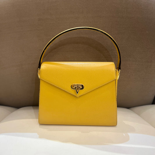 Valentino Vintage Golden V Logo Buckle With Yellow Leather Top Handle Handbag