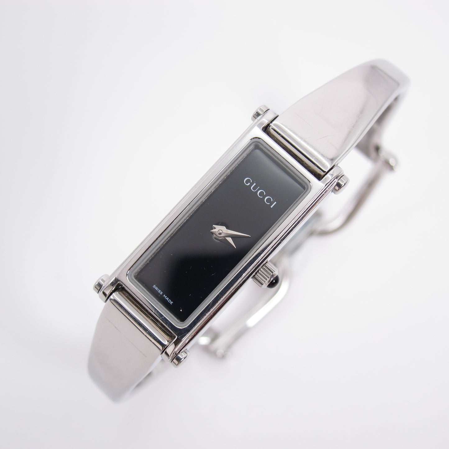 Gucci Vintage Rectangle Black Face Silver Bangle Watch