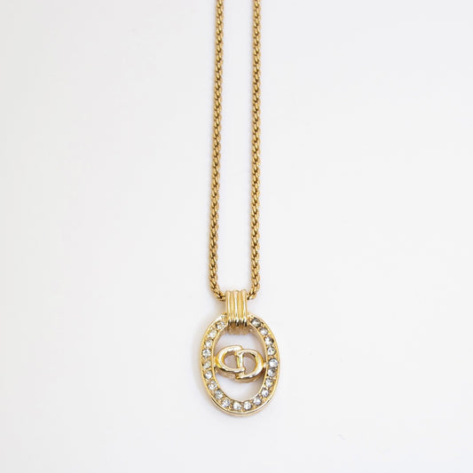 Christian Dior Vintage CD Logo in Oval Shaped with Rhinestone Golden Necklace