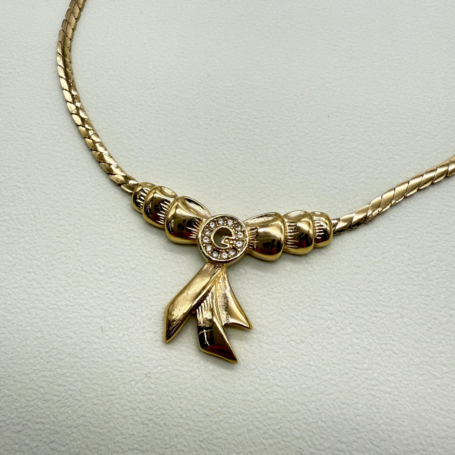 Givenchy Vintage G Logo with Rhinestone on Ribbon Golden Necklace