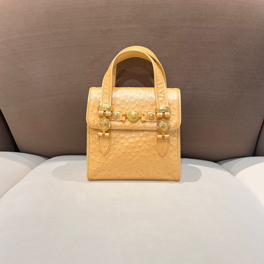 Versace Vintage Ostrich Embossed Cream Leather Mini Handbag