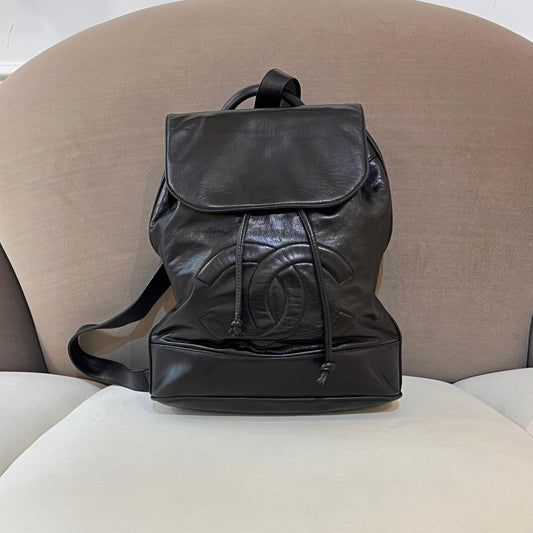 Chanel Vintage Coco Mark Black Lambskin Leather Backpack