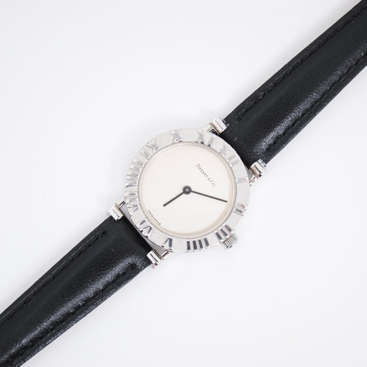 Tiffany Vintage Atlas Round Dial 925 Sterling Silver and Black Leather Strap Quartz Watch