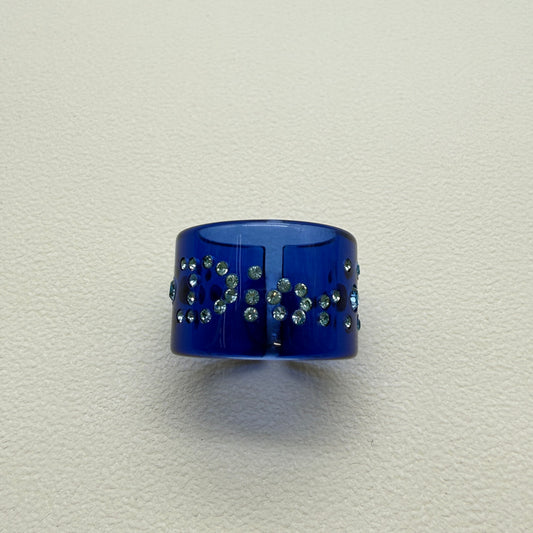 Christian Dior Vintage Dior Logo with Rhinestone Blue Color Plastic Ring
