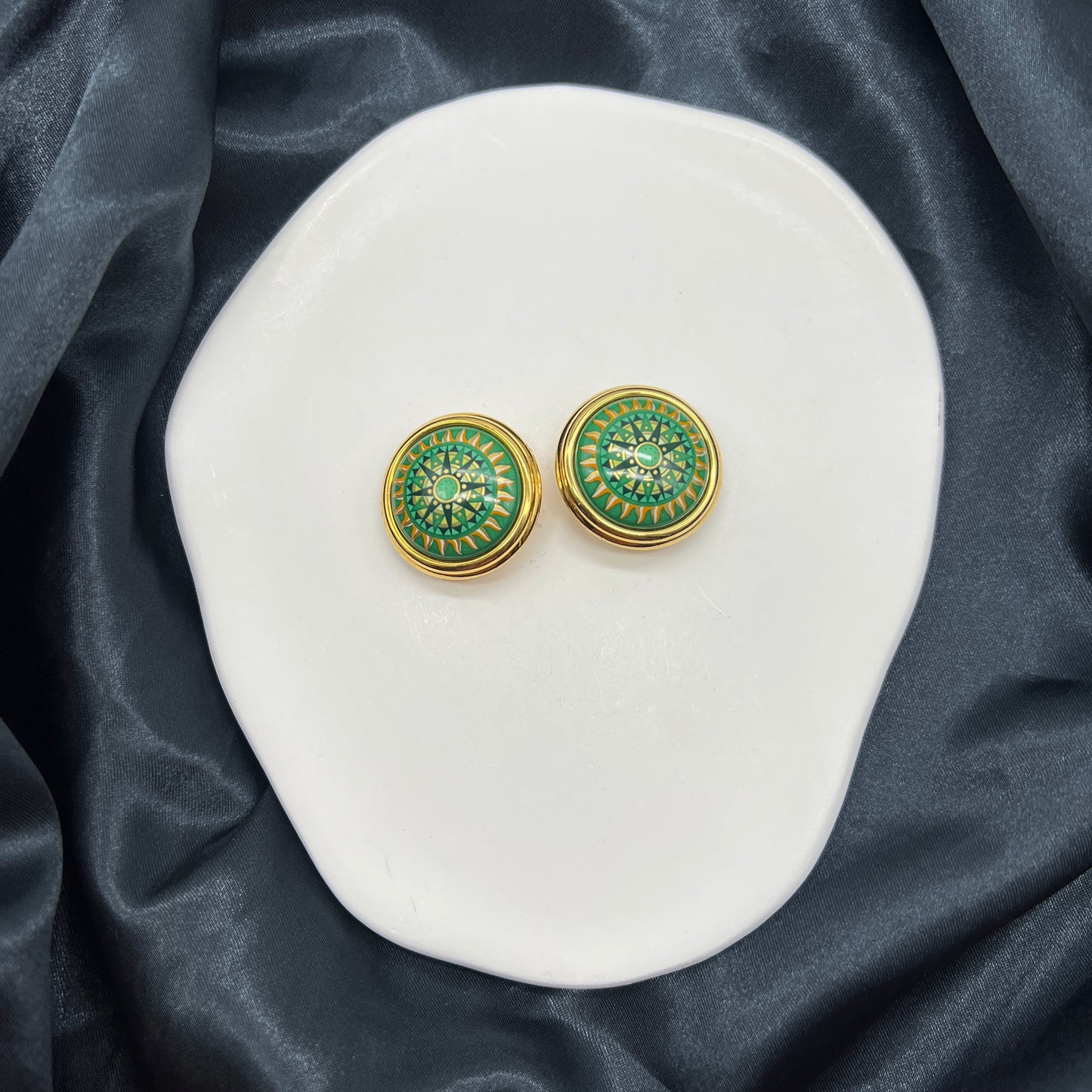 Hermes Vintage Green X Gold Enamelled Circle Clip-On Earrings