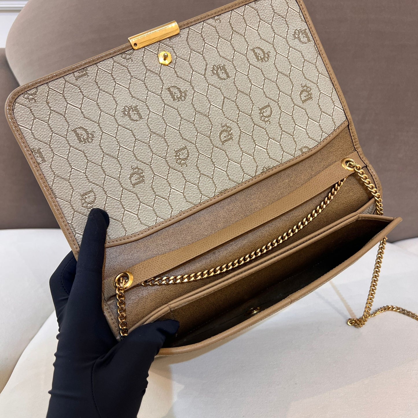 Christian Dior Vintage Honeycomb Beige Leather Chain Shoulder Bag