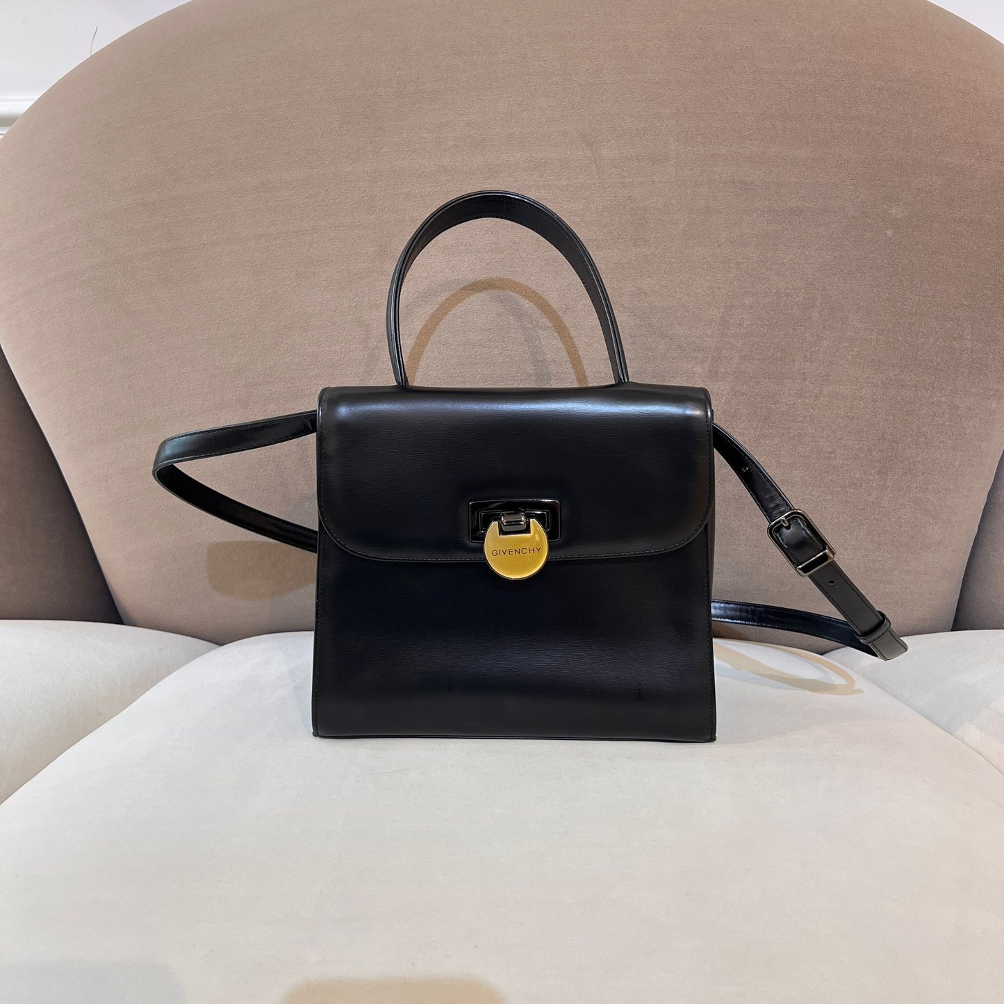 Givenchy Vintage Black Leather Logo Clasp Top Handle Bag