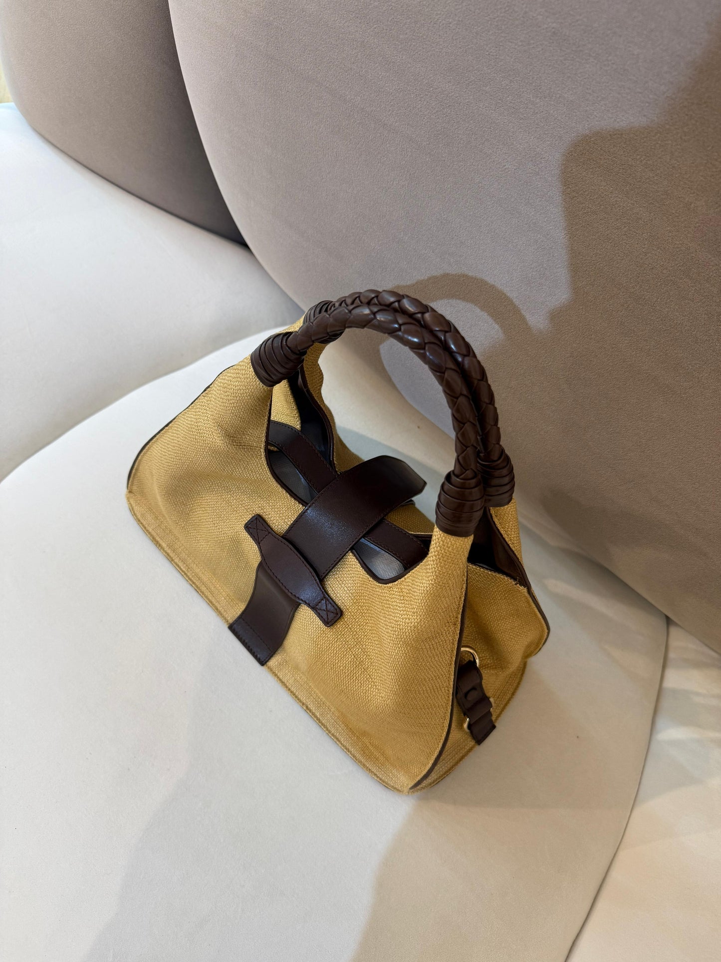 Bottega Veneta Vintage Woven Handle Raffia & Leather Handbag