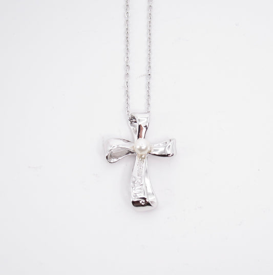 Mikimoto Vintage Logo Cross with Pearl Silver Necklace
