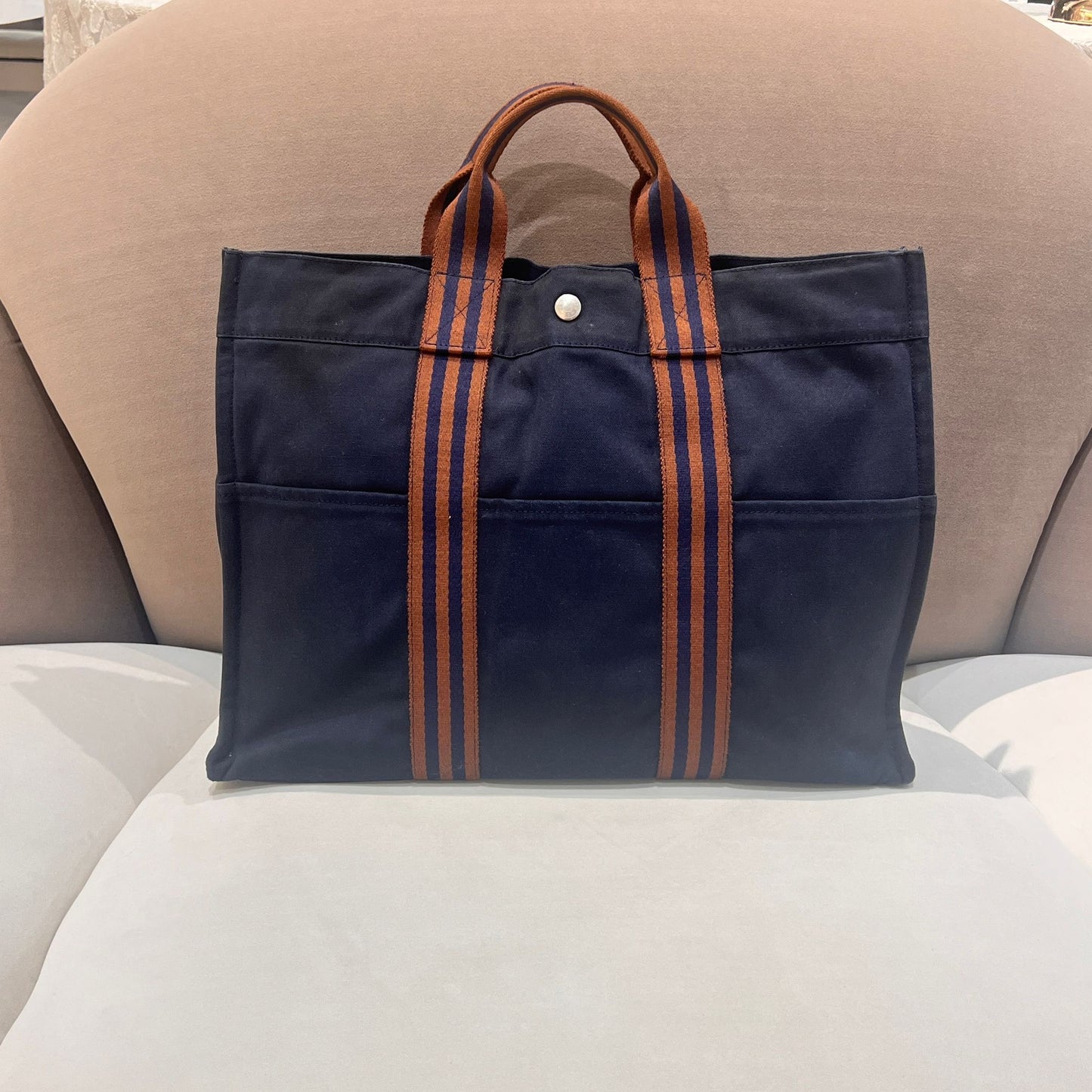 Hermès Vintage Fourre Tout Mm Navy Canvas Stripe Tote Bag