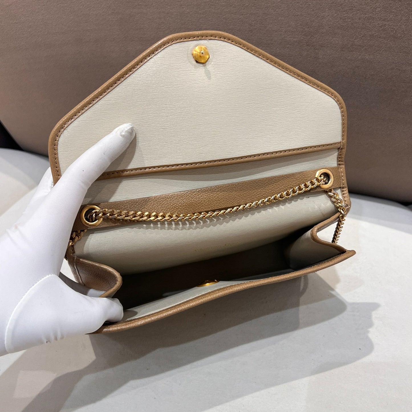 Christian Dior Vintage Beige Grained Leather Chain Shoulder Bag With Envelope Flap