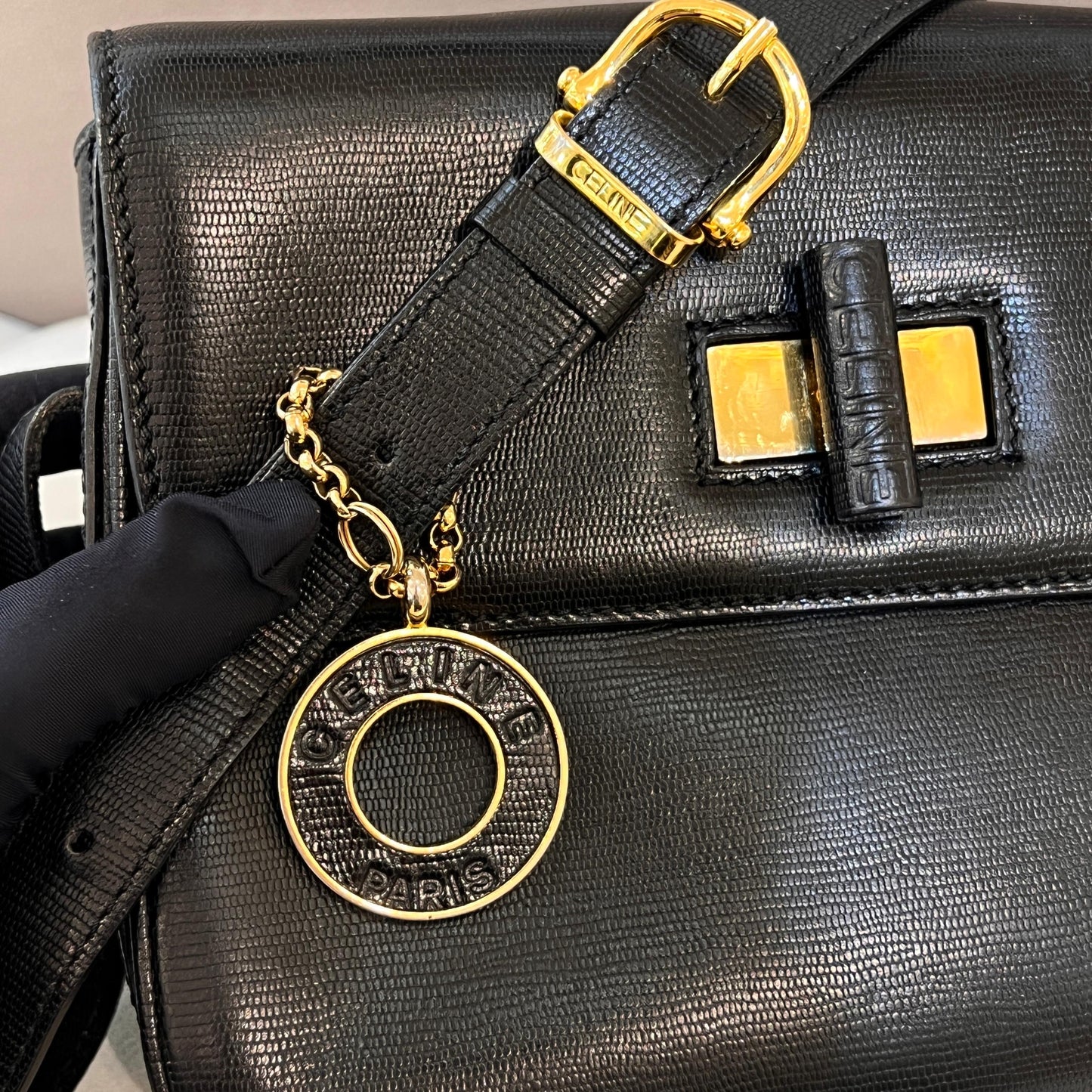 Celine Vintage Black Leather Turn Lock Shoulder Bag