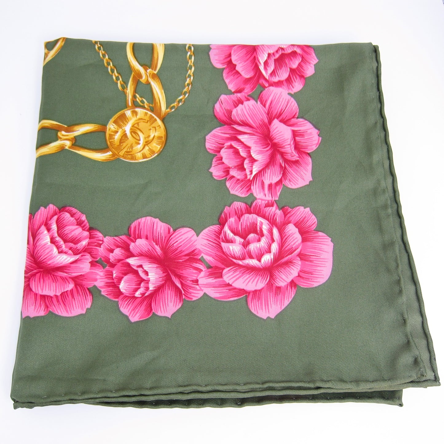 Chanel Vintage CC Logo Olive Green Chain Rose Floral Silk Scarf