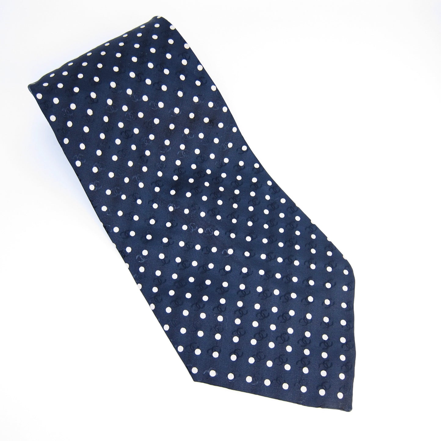 Chanel Vintage CC Logo and Polka Dot Navy Silk Tie