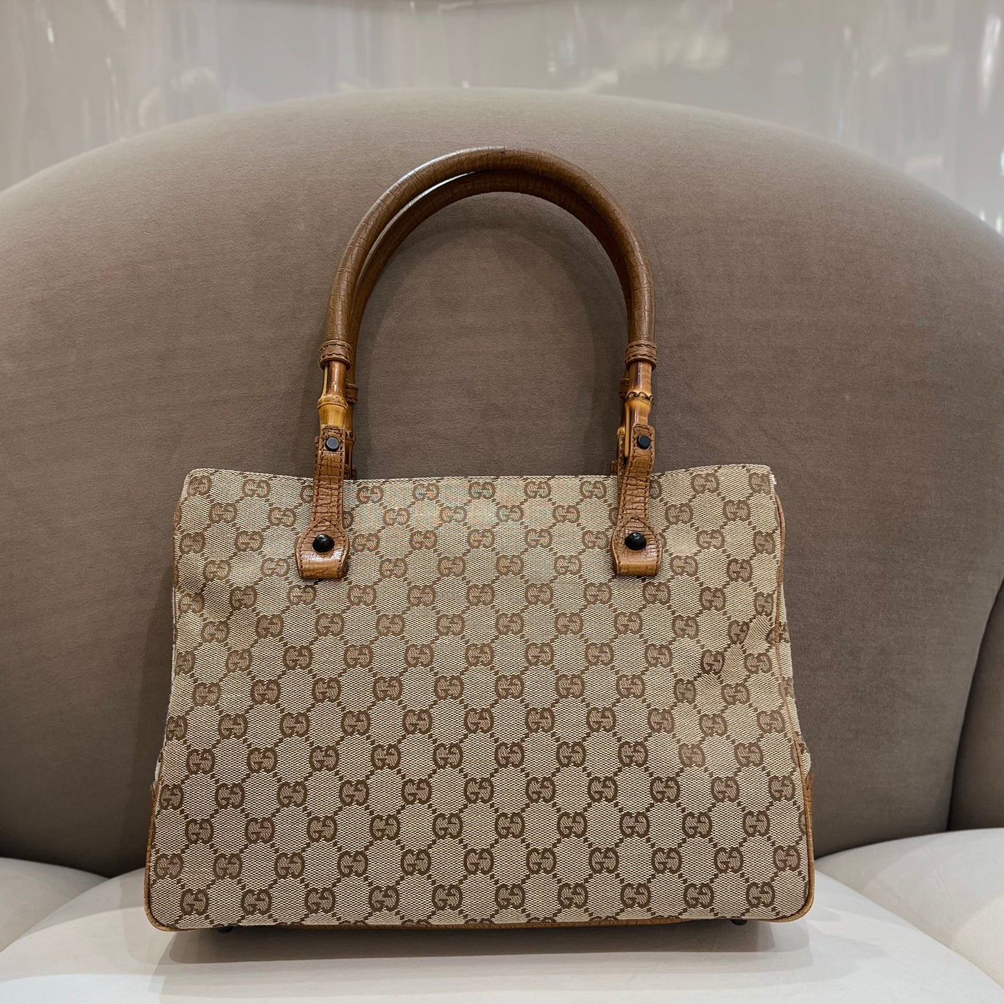 Gucci Vintage Gg Logo Canvas With Bamboo Handle Tote Bag