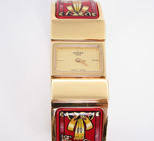 Hermes Vintage Loquet Golden Face Red Cloisonne Enamel Bangle Watch
