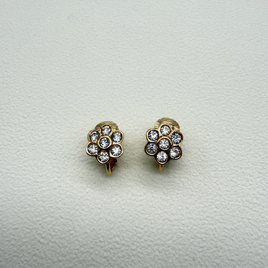 Christian Dior Vintage Flower Motif with Rhinestone Golden Clip-on Earrings