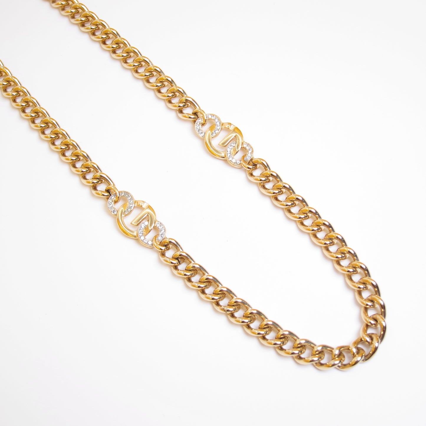 Givenchy Vintage G Logo and Rhinestone Golden Long Chain Necklace
