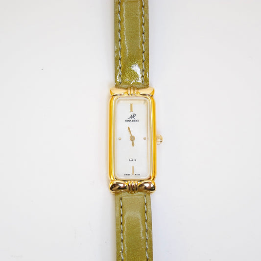 Nina Ricci Vintage Rectangle White Shell Pearl Face with Green Leather Strap Watch