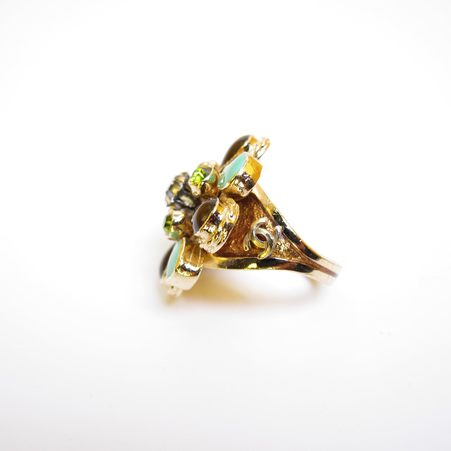 Chanel Vintage Flower Motif with Multi Color Stone Golden Ring #11