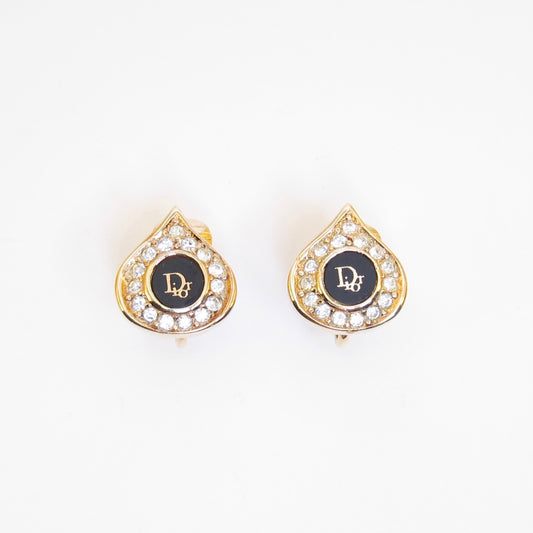 Christian Dior Vintage Dior Logo Black and Rhinestone Teardrop Golden Clip-on Earrings