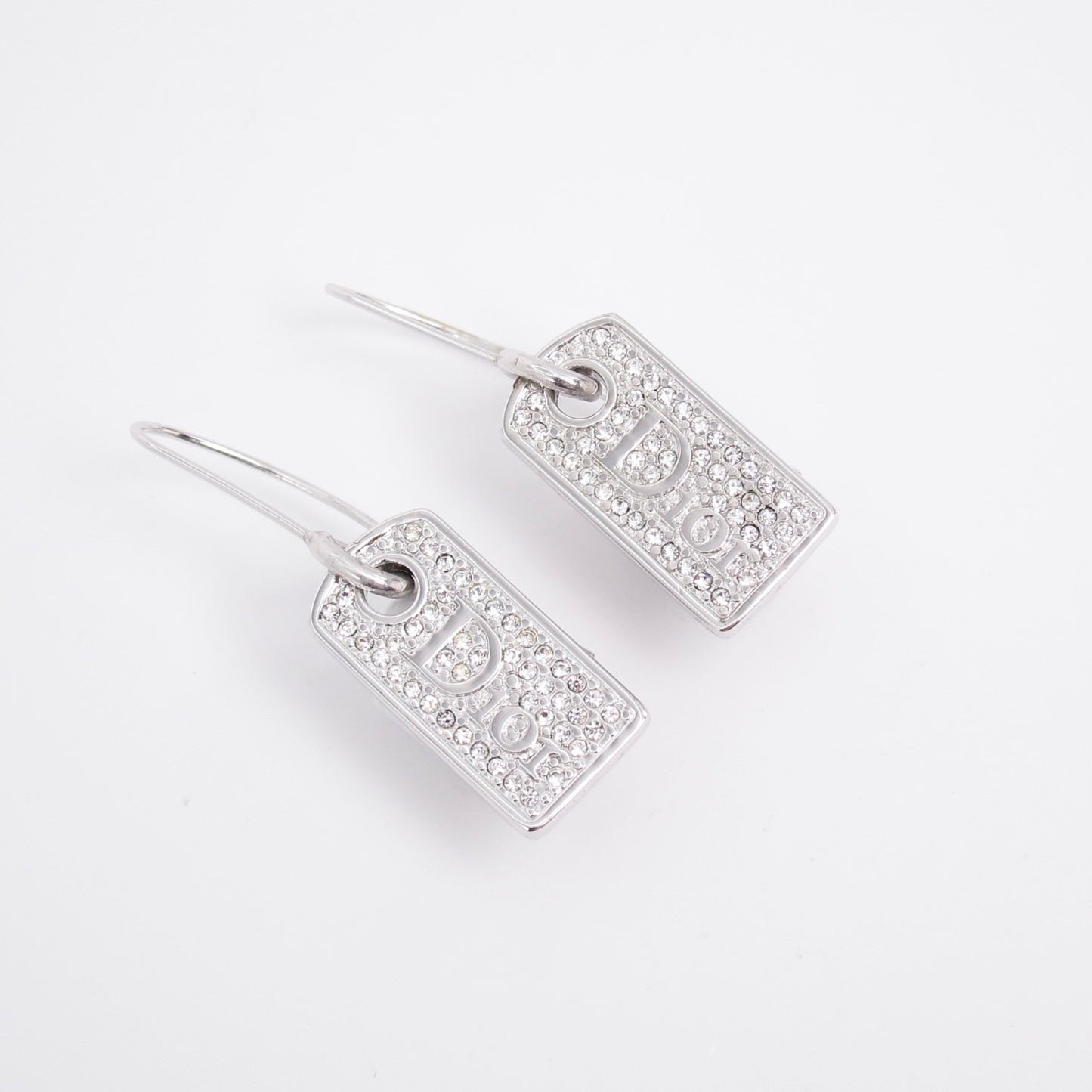 Christian Dior Vintage Dior Logo and Rhinestone Silver Tag Earrings