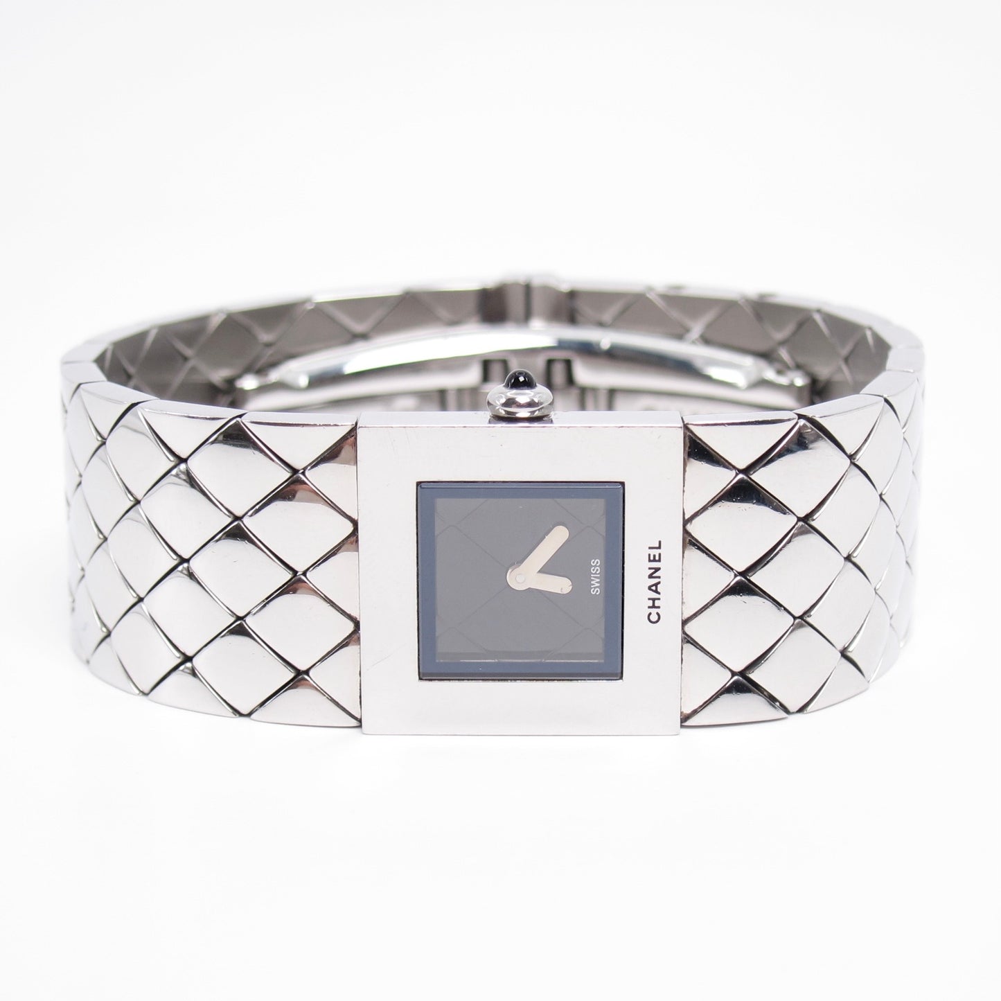 Chanel Vintage Matelasse Square Black Face Stainless Steel Watch