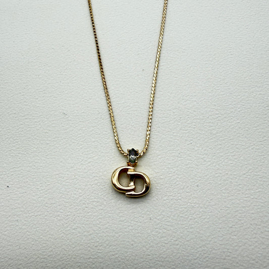 Christian Dior Vintage CD Logo with Rhinestone Golden Necklace