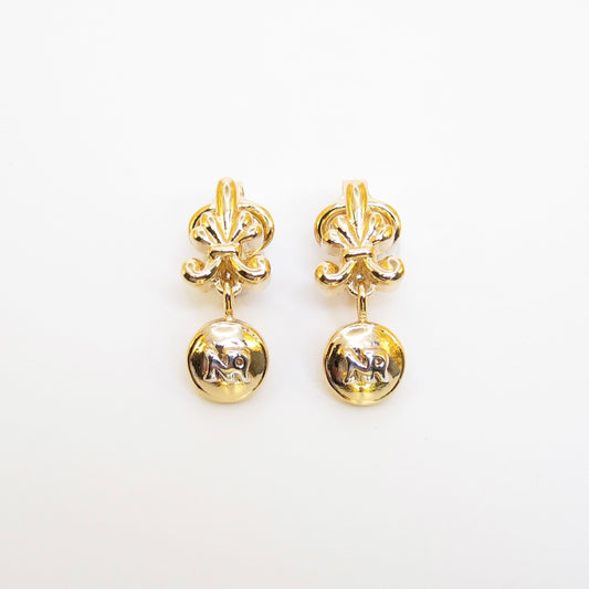 Nina Ricci Vintage NR Logo Ribbon Bow Drop Dangle Golden Clip-on Earrings