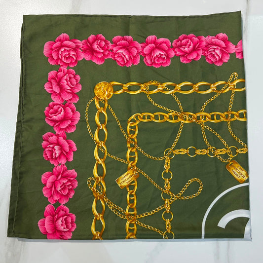 Chanel Vintage CC Logo Olive Green Chain Rose Floral Silk Scarf