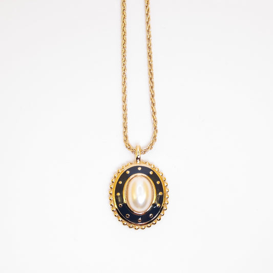 Burberry Vintage Oval Pearl and Navy Pendant Golden Necklace