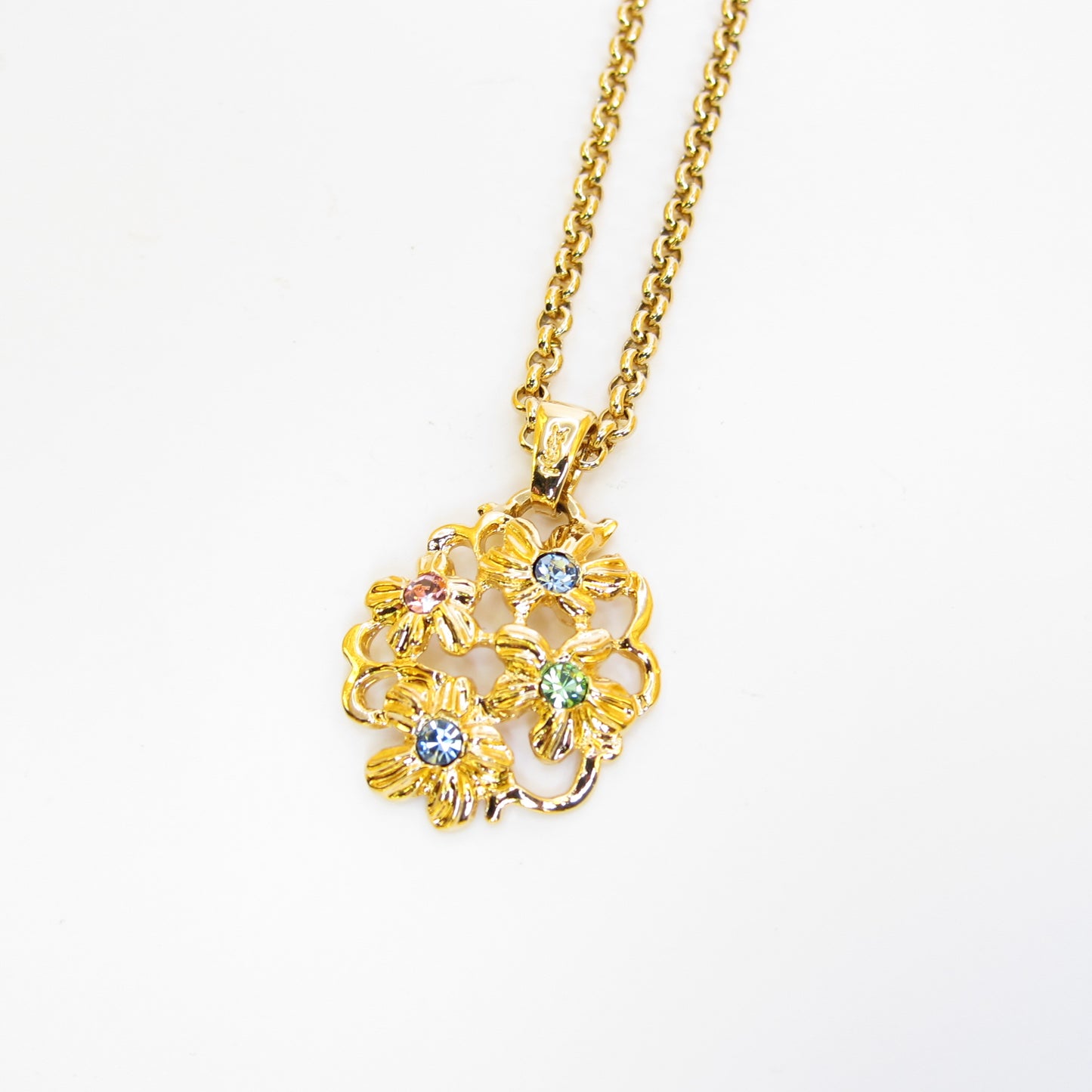 Yves Saint Laurent Vintage Flower Motif and Multi Color Stone Golden Necklace