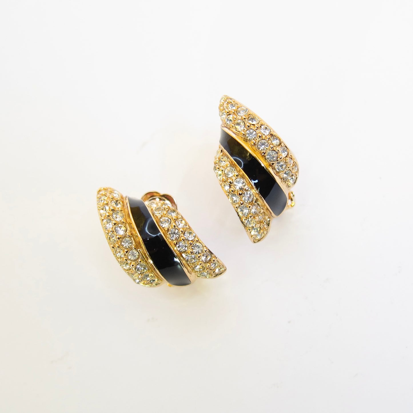 Christian Dior Vintage Stylish Black and Rhinestone Golden Clip-on Earrings