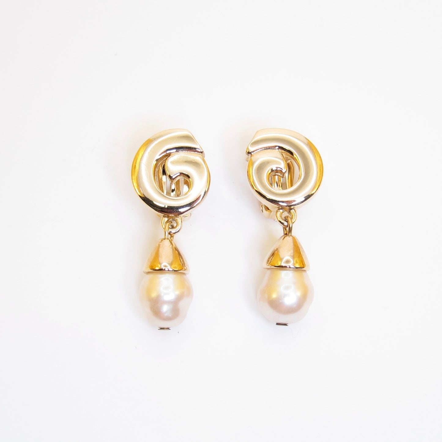 Givenchy Vintage G Logo and Pearl Drop Golden Clip-on Earrings