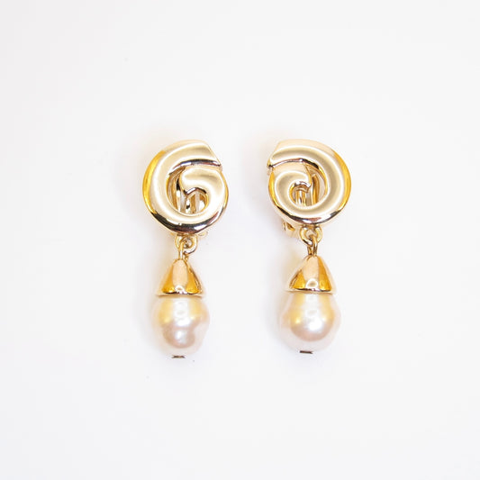 Givenchy Vintage G Logo and Pearl Drop Golden Clip-on Earrings