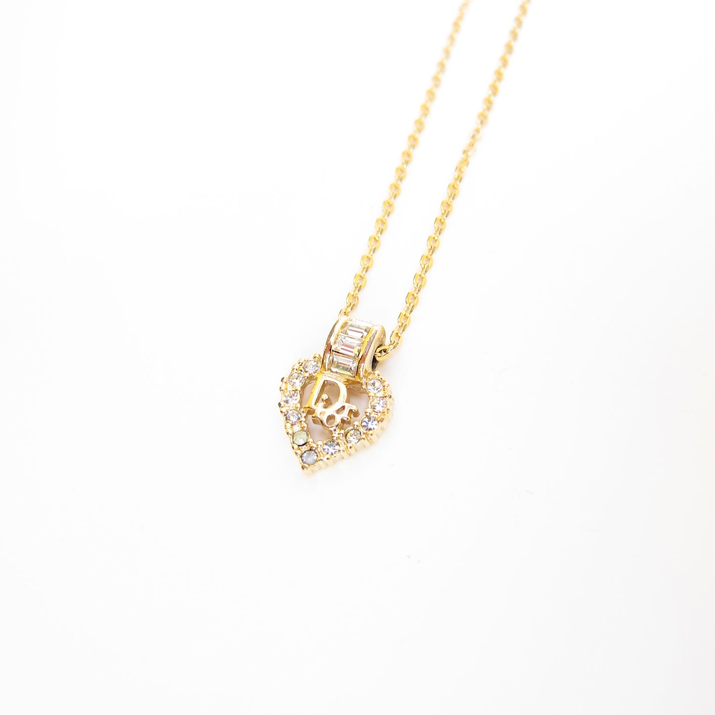 Christian Dior Vintage Dior Logo in Heart with Rhinestone Golden Necklace