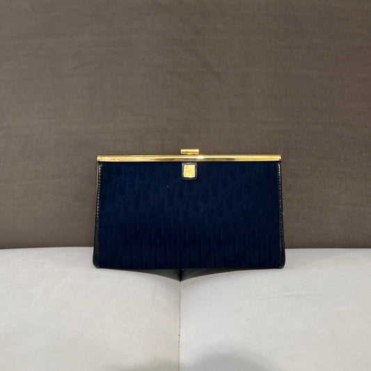 Christian Dior Vintage Navy Trotter Canvas Clasp Clutch Bag