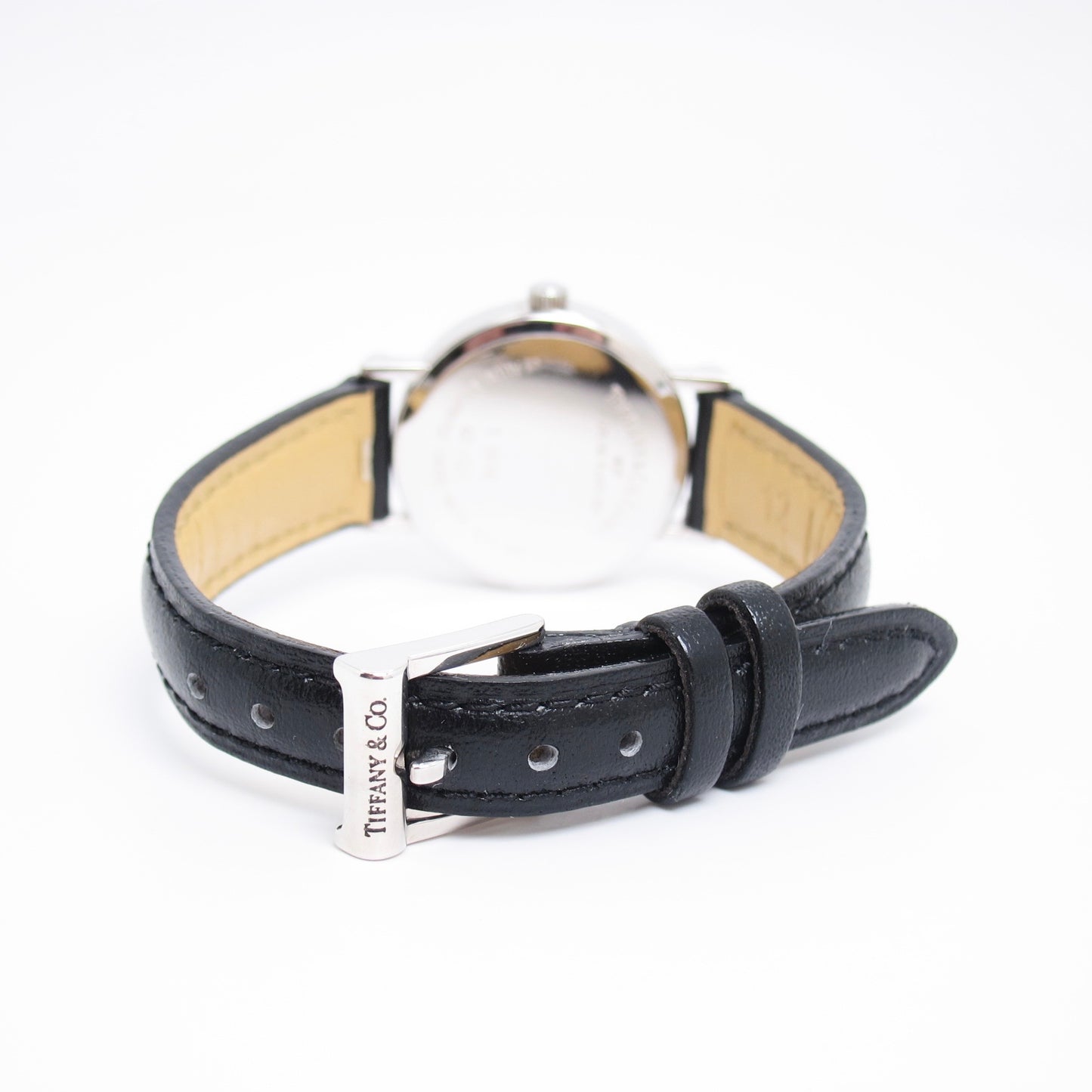 Tiffany Vintage Atlas Round Dial 925 Sterling Silver and Black Leather Strap Quartz Watch