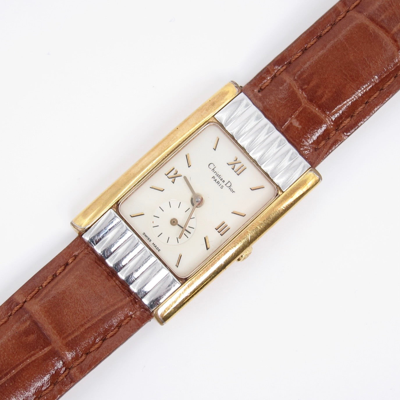 Christian Dior Vintage Tank Rectangle White Face with Leather Strap Two Tone Watch