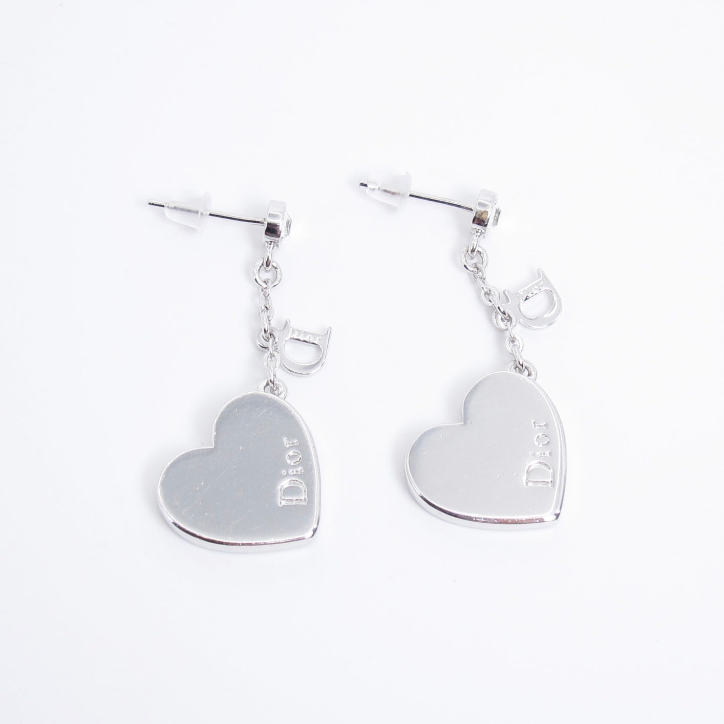 Christian Dior Vintage D Logo and Heart Dangle Silver Earrings