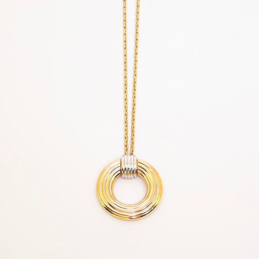 Christian Dior Vintage Two Tone Circle Pendant Golden Necklace