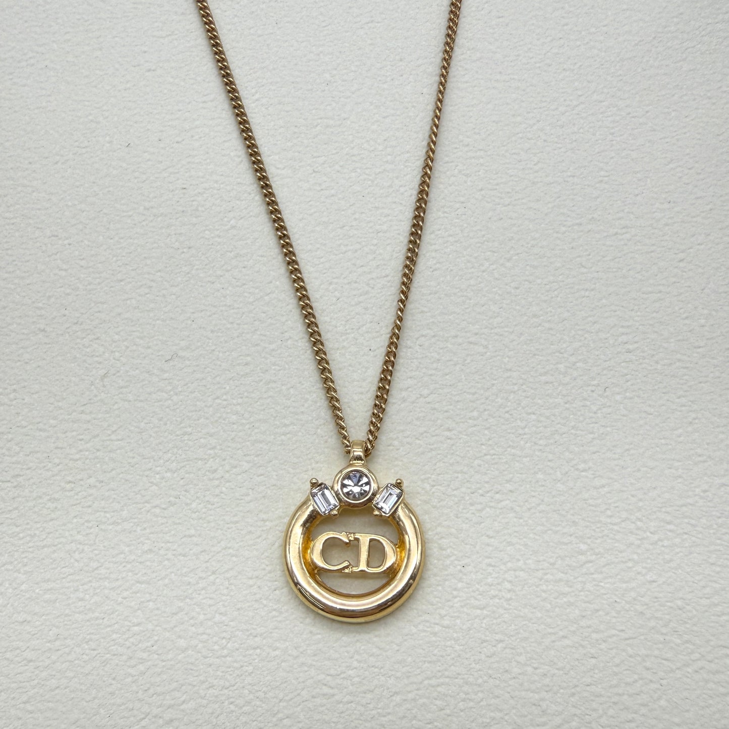 Christian Dior Vintage CD Logo in Circle with Rhinestone Golden Necklace