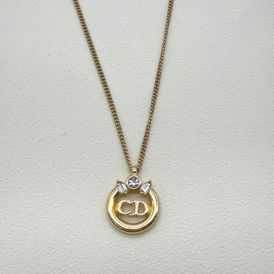 Christian Dior Vintage CD Logo in Circle with Rhinestone Golden Necklace