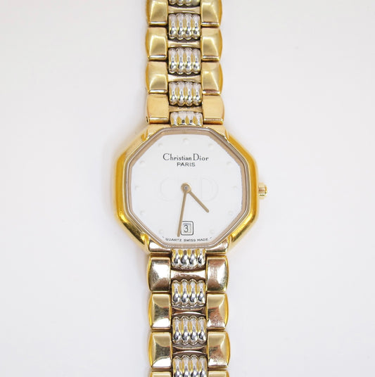 Christian Dior Vintage Octagon White Face with Date Two Tone Watch