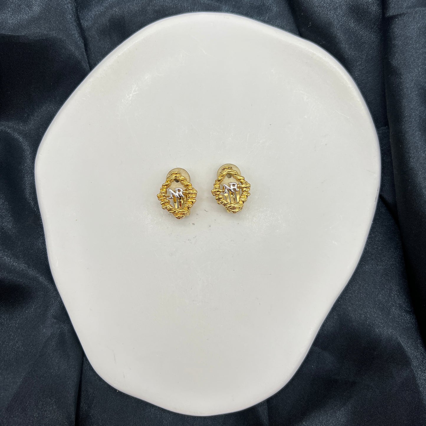 Nina Ricci Vintage Nr Logo Two Color Clip-On Earrings