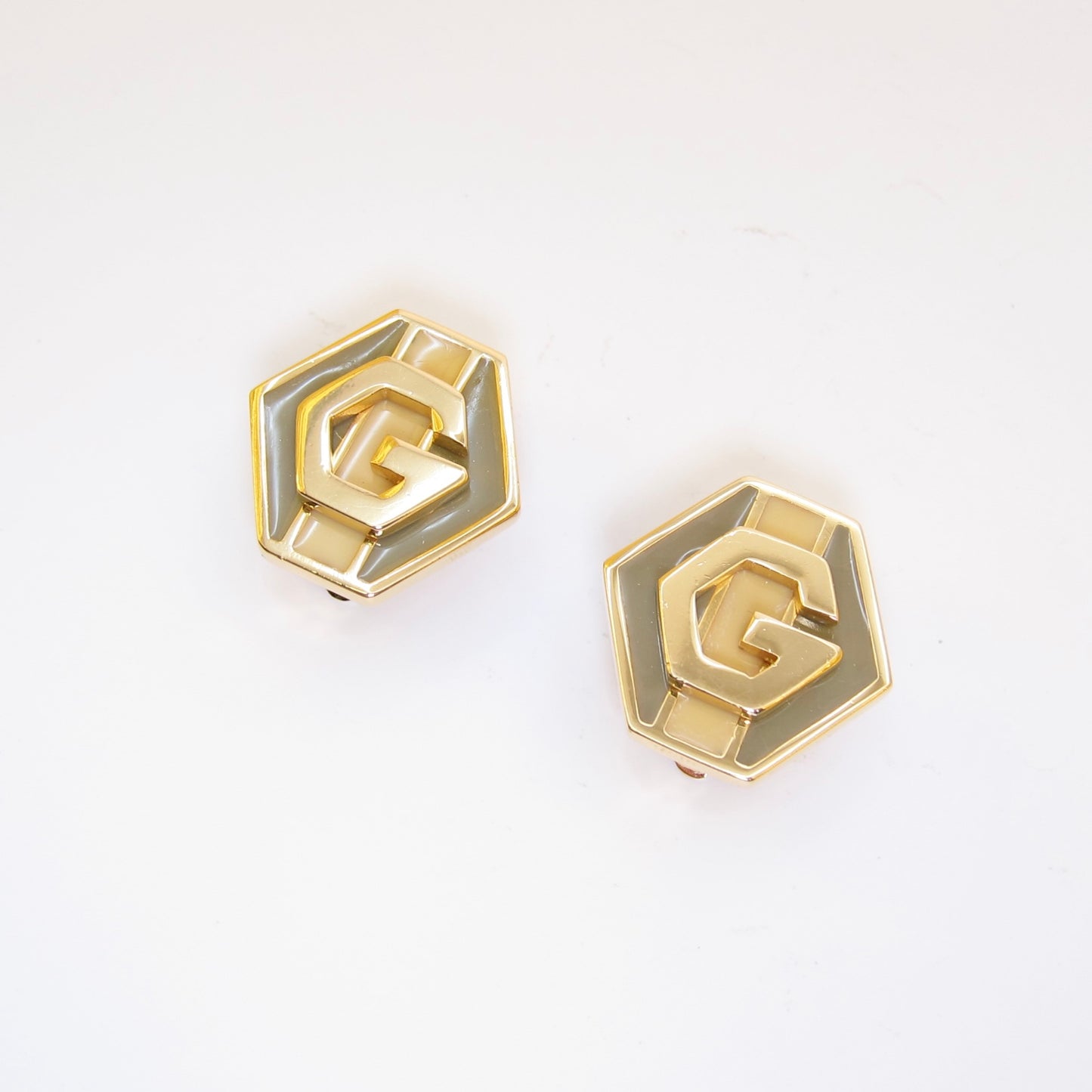 Givenchy Vintage G Logo on Hexagon Grey and Beige Golden Clip-on Earrings